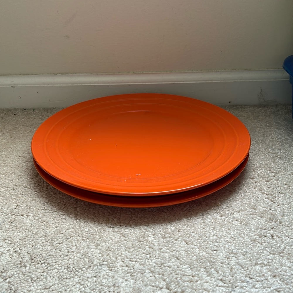 Set of 2 Double Ridge Tangerine Orange Dinner Plates by RACHAEL RAY 11”Stoneware